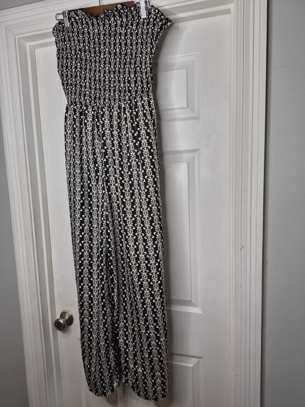 Hint Of Blush Black Strapless Smocked Wide-Leg Jumpsuit with White Pattern XL NW